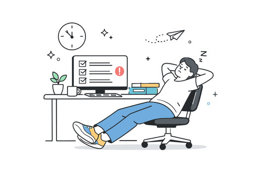 Disengaged employee at workplace. A person leans back in a chair while tasks remain untouched on the screen, expressing boredom and low