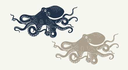 Two detailed illustrations of octopuses, one dark blue and one beige, against a light background. © emiloo