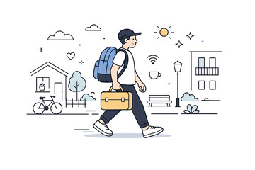 Everyday nomad routine. Person walking with a backpack and laptop bag through a calm residential street. Slow rhythm of life and work balance in a