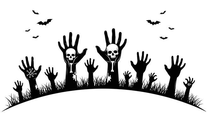 Silhouette of zombie hands and skulls emerging from the ground with bats flying in the night sky, representing a Halloween theme.