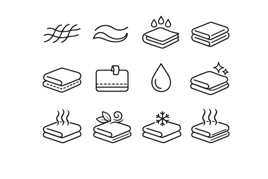 Towel Textures & Symbols. Line icon set of Towel Textures & Symbols: towel fiber lines, soft texture wave, absorbent towel icon, towel thickness layer,