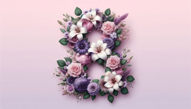 N&uacute;mero 8 floral para el 8 de marzo, D&iacute;a Internacional de la Mujer, en tonos pastel sobre fondo rosa
