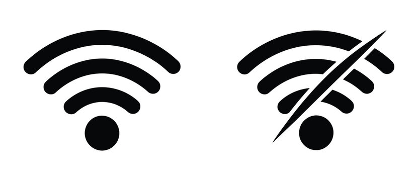 Vector Wi-Fi icons representing internet connection, offline mode, and network settings with signal and prohibited symbol for devices