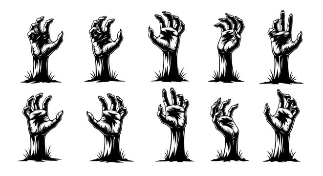 A collection of ten zombie hands emerging from the ground, depicted in a black and white illustration style.
