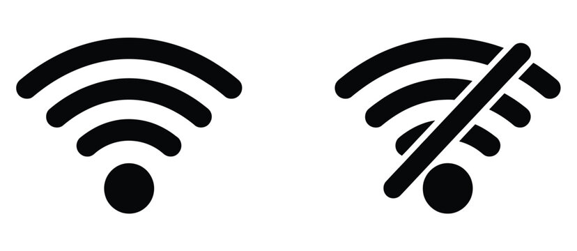 Wi-Fi and no WiFi icons vector illustrating connected and crossed-out signals for internet, offline mode, and network settings