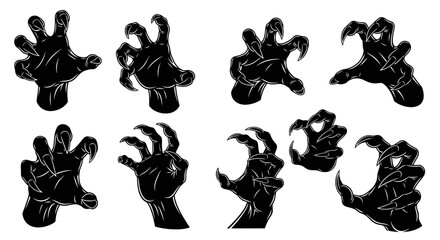 Collection of eight black silhouette monster claw hands reaching out in various menacing poses.