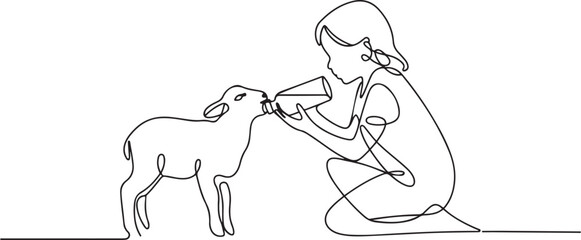 Single continuous line drawing girl holding a milk bottle in her hand and giving it to the lamb. The best milk for the growth of lambs. National Open Farm Day. one line Icon drawing