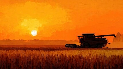 Fototapeta premium Silhouette of a combine harvester in a wheat field at sunset, digital oil painting style