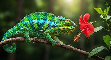 Obraz premium Vibrant Panther Chameleon Perched on Branch in Tropical Rainforest Jungle