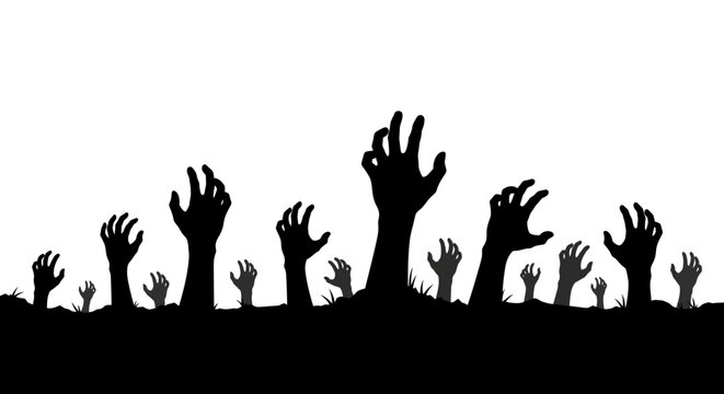 A horde of zombie hands rising from the ground in a silhouette against a white background.