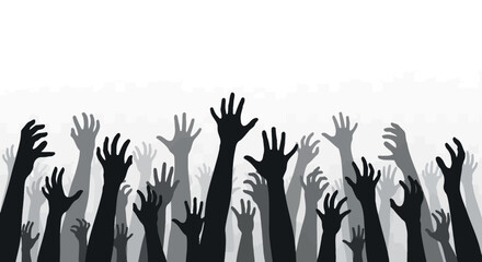 A diverse group of raised hands in various shades of gray against a white background, symbolizing unity and participation.