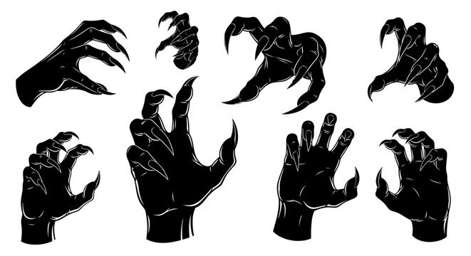 Collection of eight black silhouette illustrations of monstrous hands with sharp claws extended.