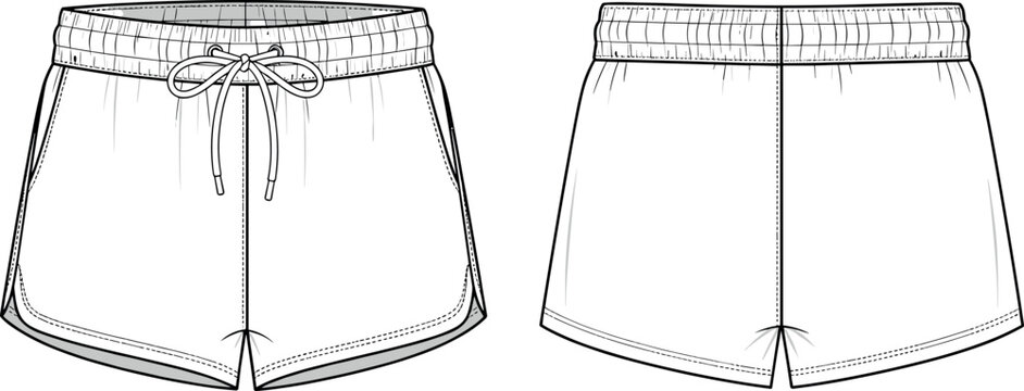 Blank female athletic running shorts technical fashion flat sketch front and back view vector illustration template for apparel tech pack