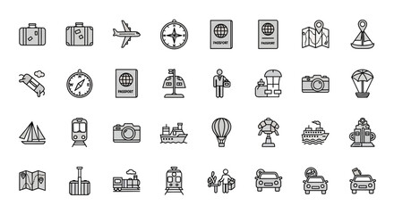 Obraz premium A collection of stylized icons related to travel, exploration, and global adventures.