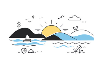 Graphic design trends nature inspired design example. Landscape-inspired shapes like hills, sun, and waves arranged in a modern layout. Calm