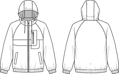 Blank hooded windbreaker jacket vector technical flat sketch template front and back view fashion illustration for apparel tech pack design © DALIARA 