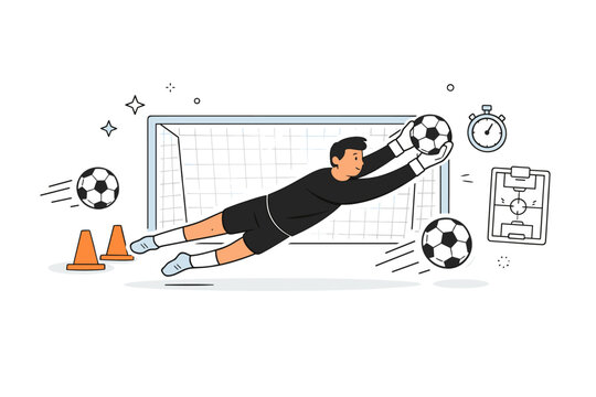 Goalkeeper in Action. Goalkeeper save. A training moment where a goalkeeper practices reflex saves with incoming balls. The scene conveys focus, discipline,