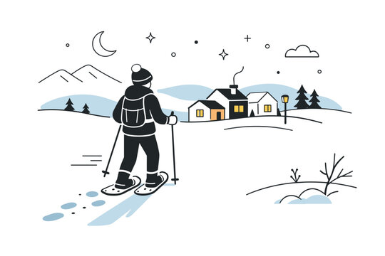 Snowshoe hiking near towns. Evening return from a snowshoe walk, person heading back toward softly lit houses, long winter shadows and quiet satisfaction,