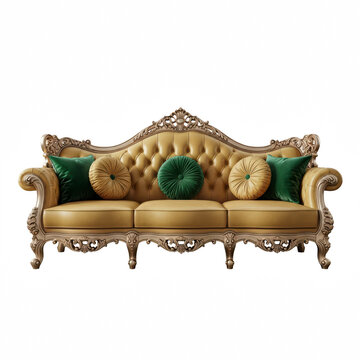 Luxurious gold sofa with ornate details and green pillows