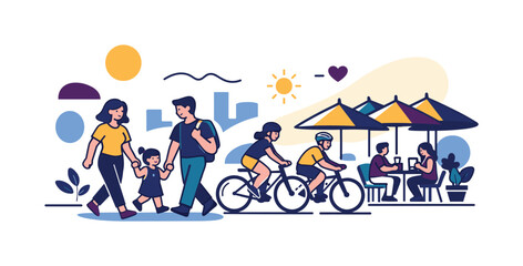 Modern city comfort. Parents walking with kids, cyclists passing safely, cafe umbrellas