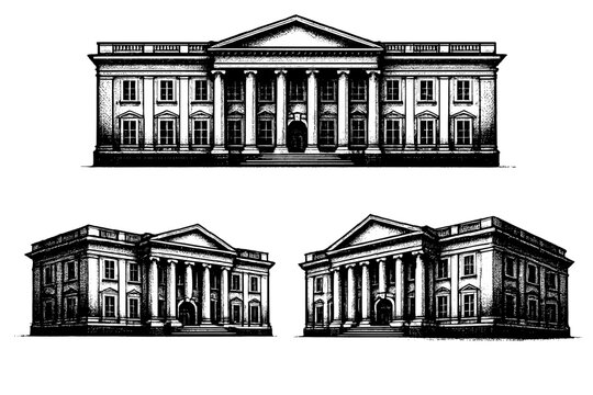 Historic building facade classical neoclassical facade. A symmetrical historic building facade with columns, pediment, evenly spaced windows,