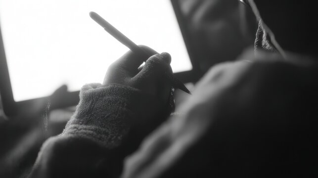 Person using digital tablet and pen in low key black and white