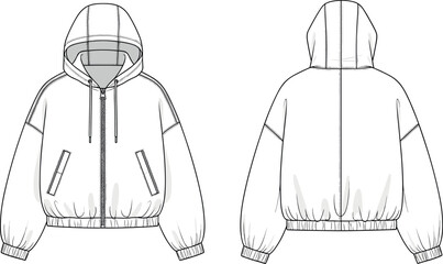 Blank oversized zip up hooded jacket technical flat sketch vector illustration showing front and back views for fashion tech pack © DALIARA 