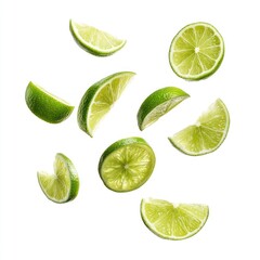 Falling lime slices background fruit white.