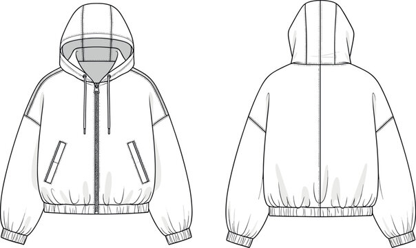 Blank oversized zip up hooded jacket technical flat sketch vector illustration showing front and back views for fashion tech pack