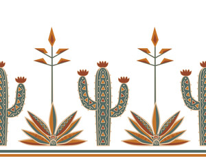 Blue tequila agave in blossom and Saguaro cactus stylized seamless pattern. Border drawing in tribal etno style. Vector isolated illustration. © Toltemara