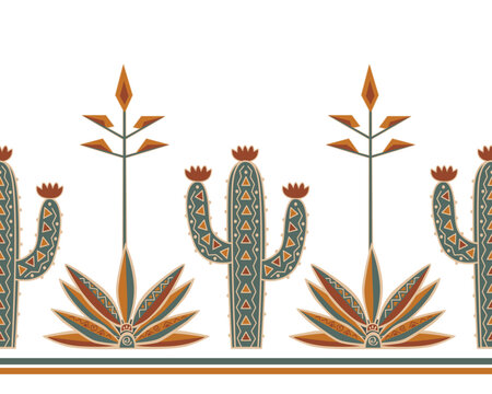 Blue tequila agave in blossom and Saguaro cactus stylized seamless pattern. Border drawing in tribal etno style. Vector isolated illustration.