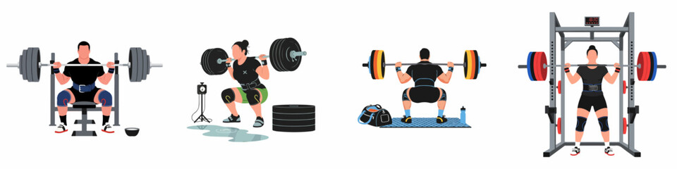 Fototapeta premium Collection of powerlifting and weight training illustrations featuring men and women performing squats and bench presses with barbells and gym equipment.
