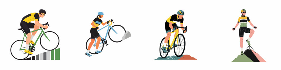 Naklejka premium Diverse cyclists conquer challenges: a flat design illustration series depicting male and female athletes riding and pushing bikes uphill, and celebrating achievement on a mountain peak.