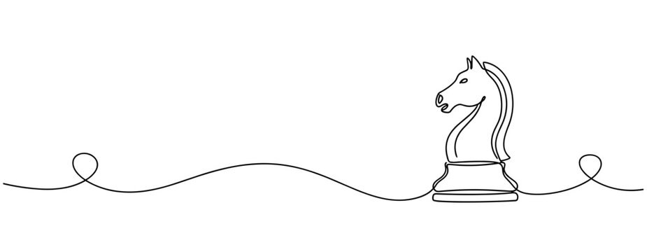 Minimalist line drawing of a chess knight on white background. No editable stroke
