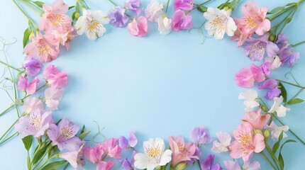 Fototapeta premium Floral border with sweet peas and alstroemeria on a blue background.