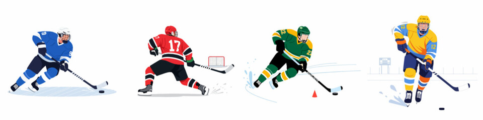 Dynamic ice hockey players in colorful uniforms, engaged in various game actions like skating, shooting, and stickhandling, isolated on a white background.