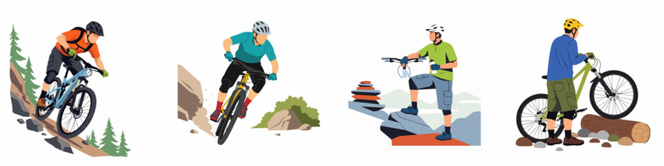 Dynamic Mountain Biking Scenes: Riders navigating challenging downhill trails and enjoying scenic rest breaks in nature. © Tono