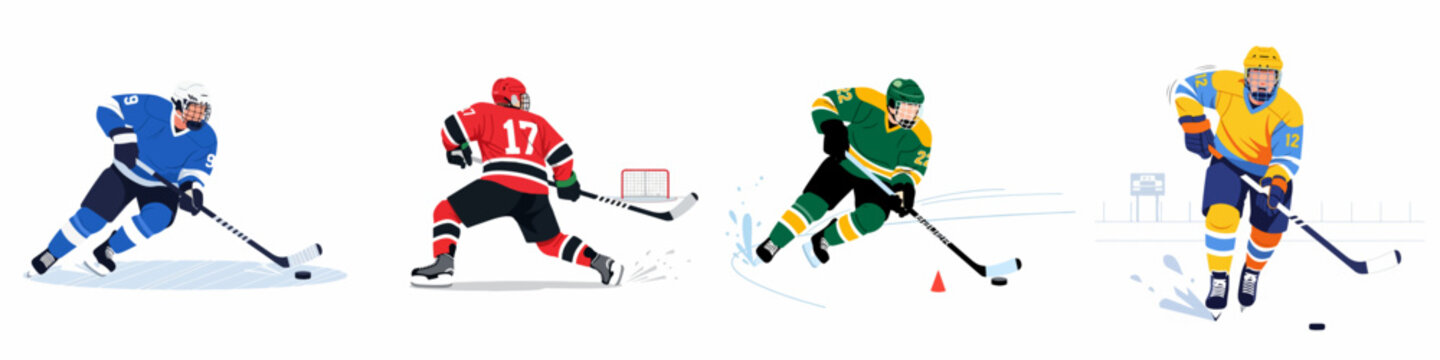 Dynamic ice hockey players in colorful uniforms, engaged in various game actions like skating, shooting, and stickhandling, isolated on a white background.