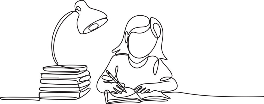 Continuous one line drawing girl studying on table with study lamp and pile of books. Kid makes homework from school. Intelligent student concept. one line Icon drawing