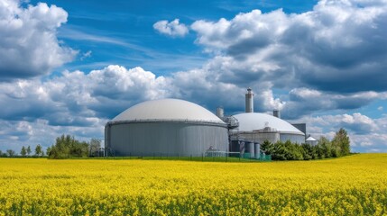 Biogas plant with large domed structures surrounded by a vibrant yellow field under a blue sky with fluffy clouds in a rural landscape