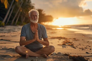 Fototapeta premium An older man sits on the sand with legs crossed and hands in a prayer position. He focuses on his breath as the sun sets over the ocean in a tropical beach setting