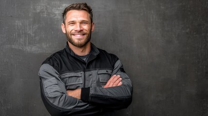Obraz premium Smiling Caucasian male technician in black and gray work uniform with arms crossed, standing against a textured gray wall in a professional setting