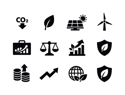 Carbon neutral investment. Filled icon set of Carbon neutral investment: CO2 reduction icon,