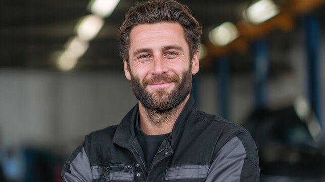 Caucasian male auto mechanic with beard smiles confidently while standing in a garage, tools and vehicles visible in the background, wearing black work uniform
