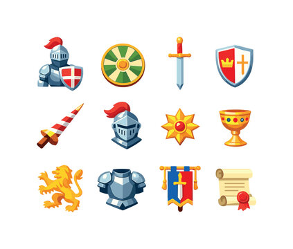 Knights of the Round Table. Colorful flat vector icons set of knights of the round table: