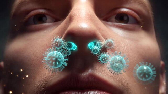 Virus Particles Entering Human Nose During Respiratory Infection