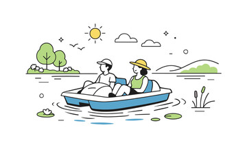 Springtime paddle boating. A calm lake scene with a paddle boat gliding on still water, gentle ripples and soft spring sunlight, relaxed leisure and seasonal