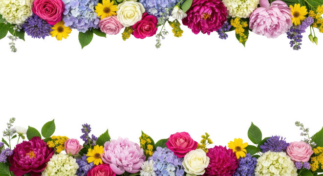 Colorful floral border with roses, peonies, hydrangeas, and small yellow flowers isolated PNG with Transparent Background