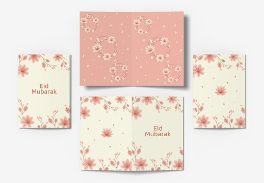 Eid Mubarak Greeting Card Template with Pink Floral Pattern Illustration