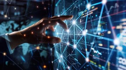 Futuristic Digital Network Technology Concept with Hand Interacting with Virtual Data